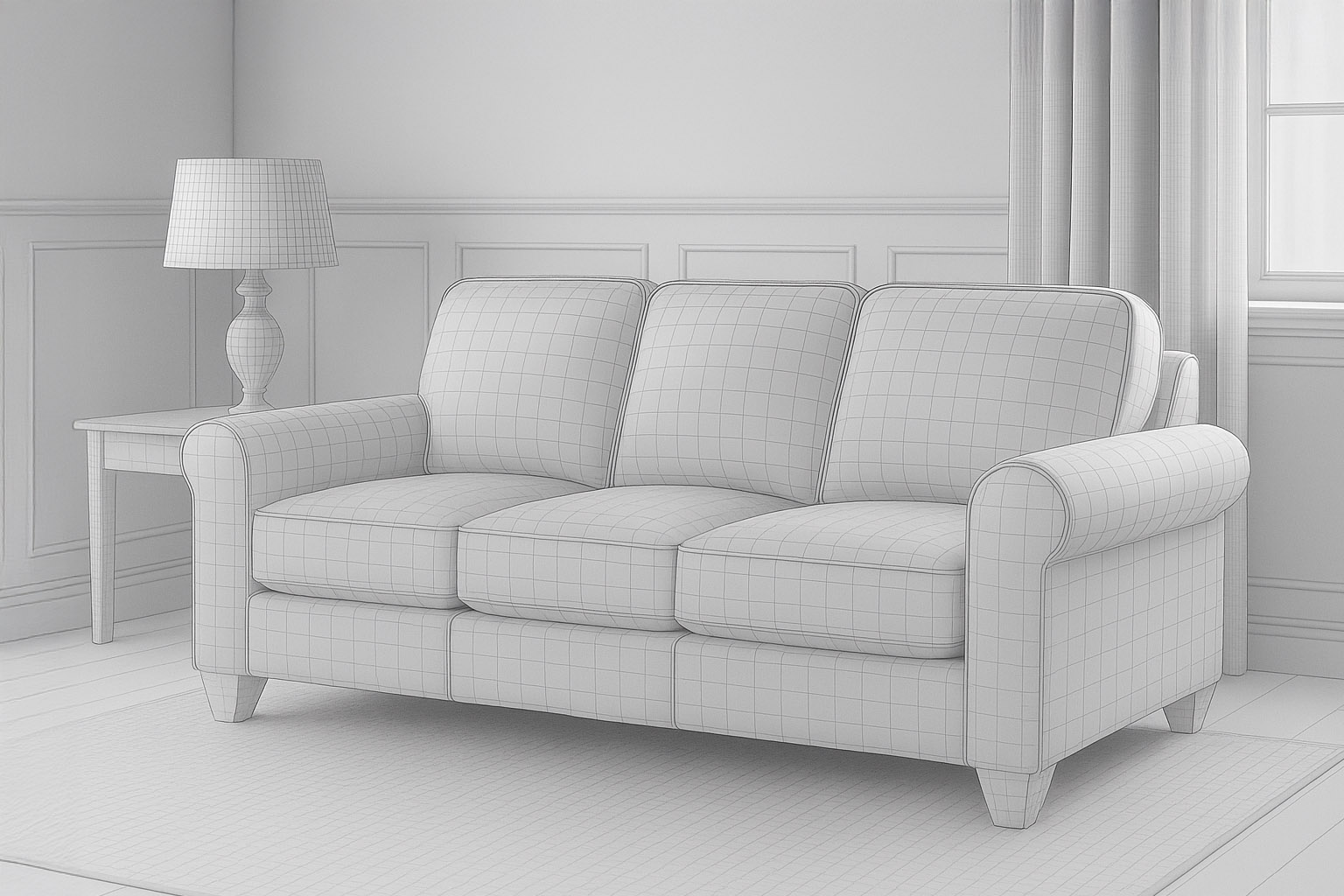 3D wireframe of a sofa in an interior