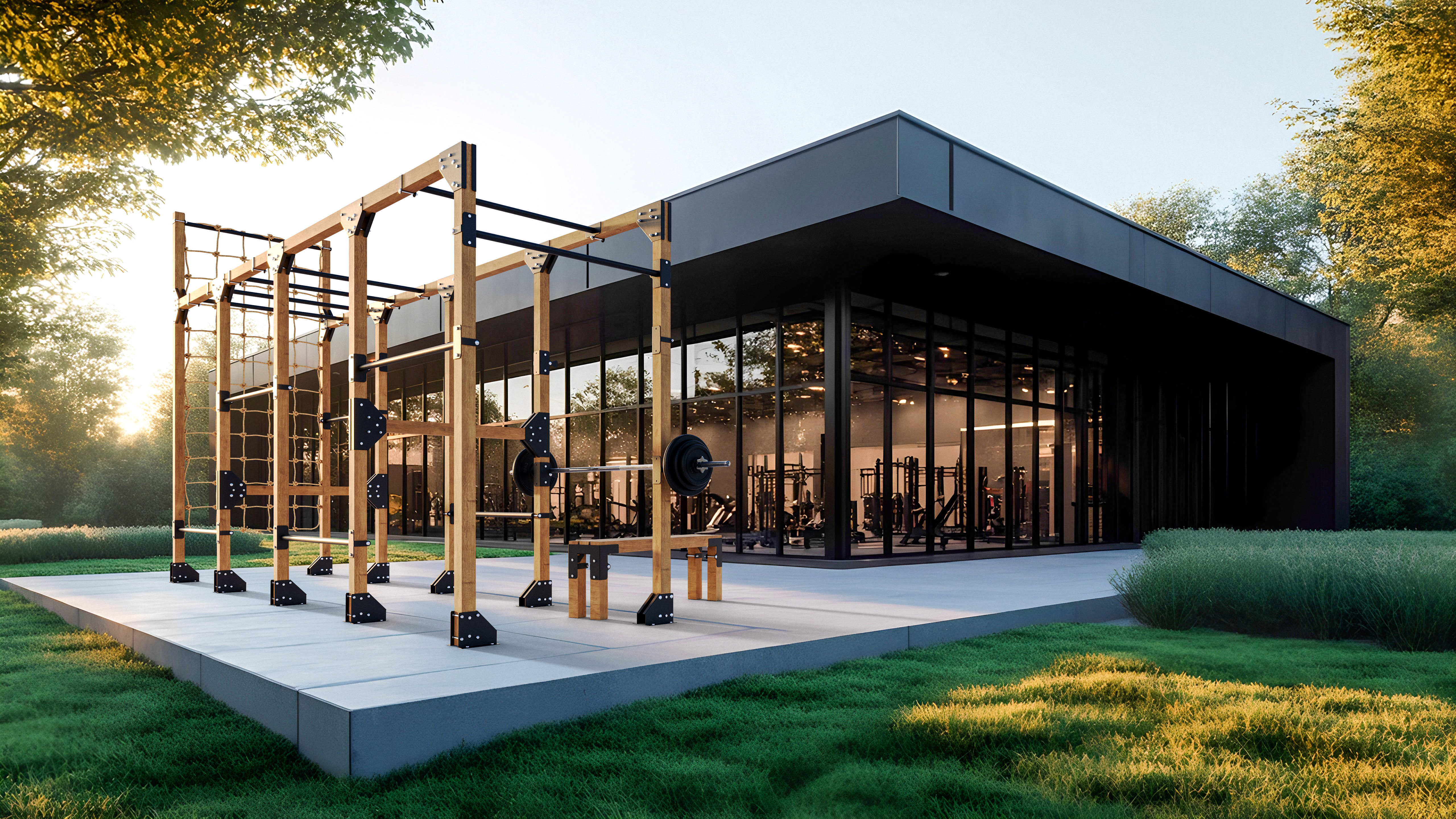 Large fitness structure in front of gym building
