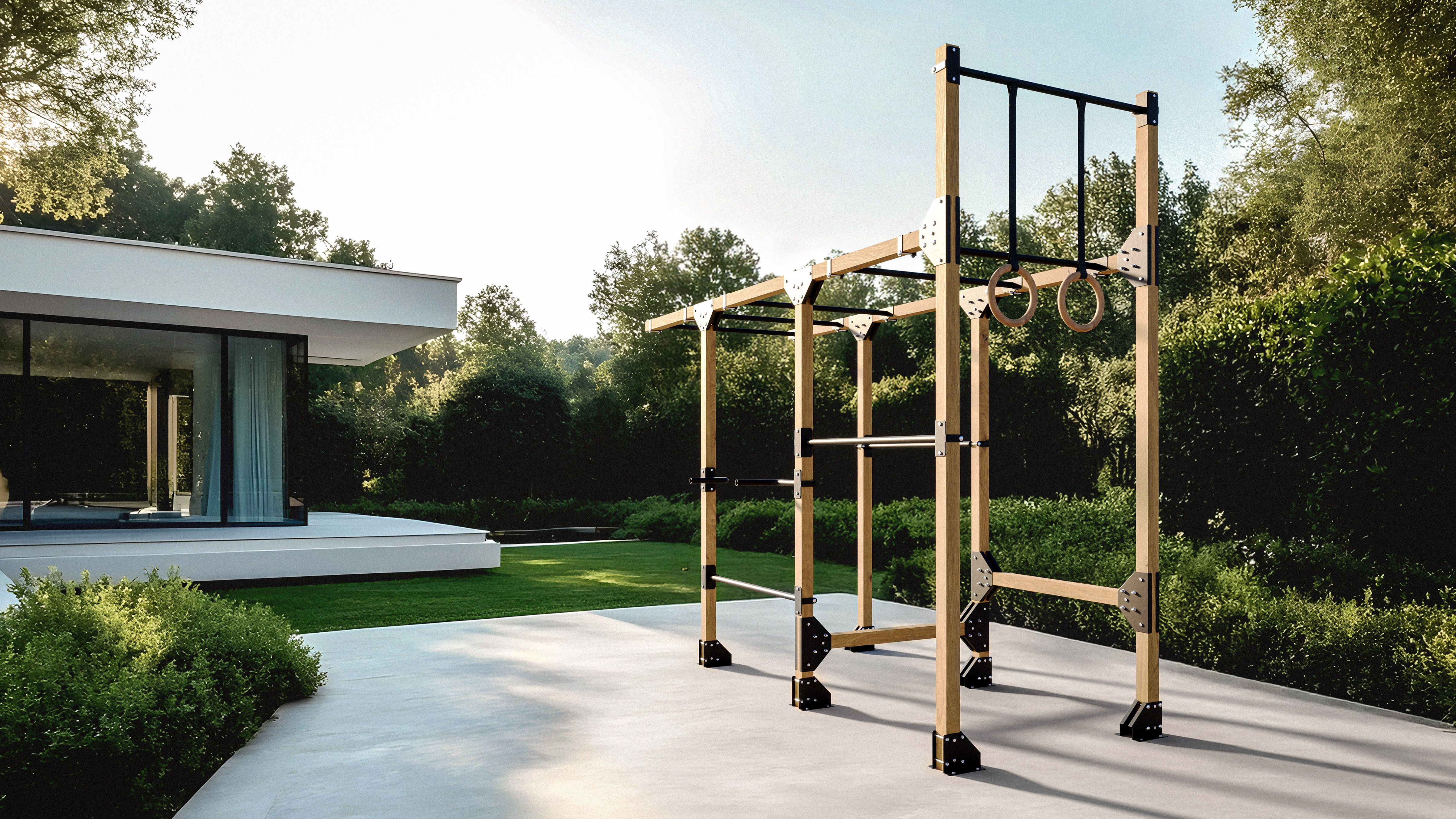 Large fitness structure in the backyard of a big house