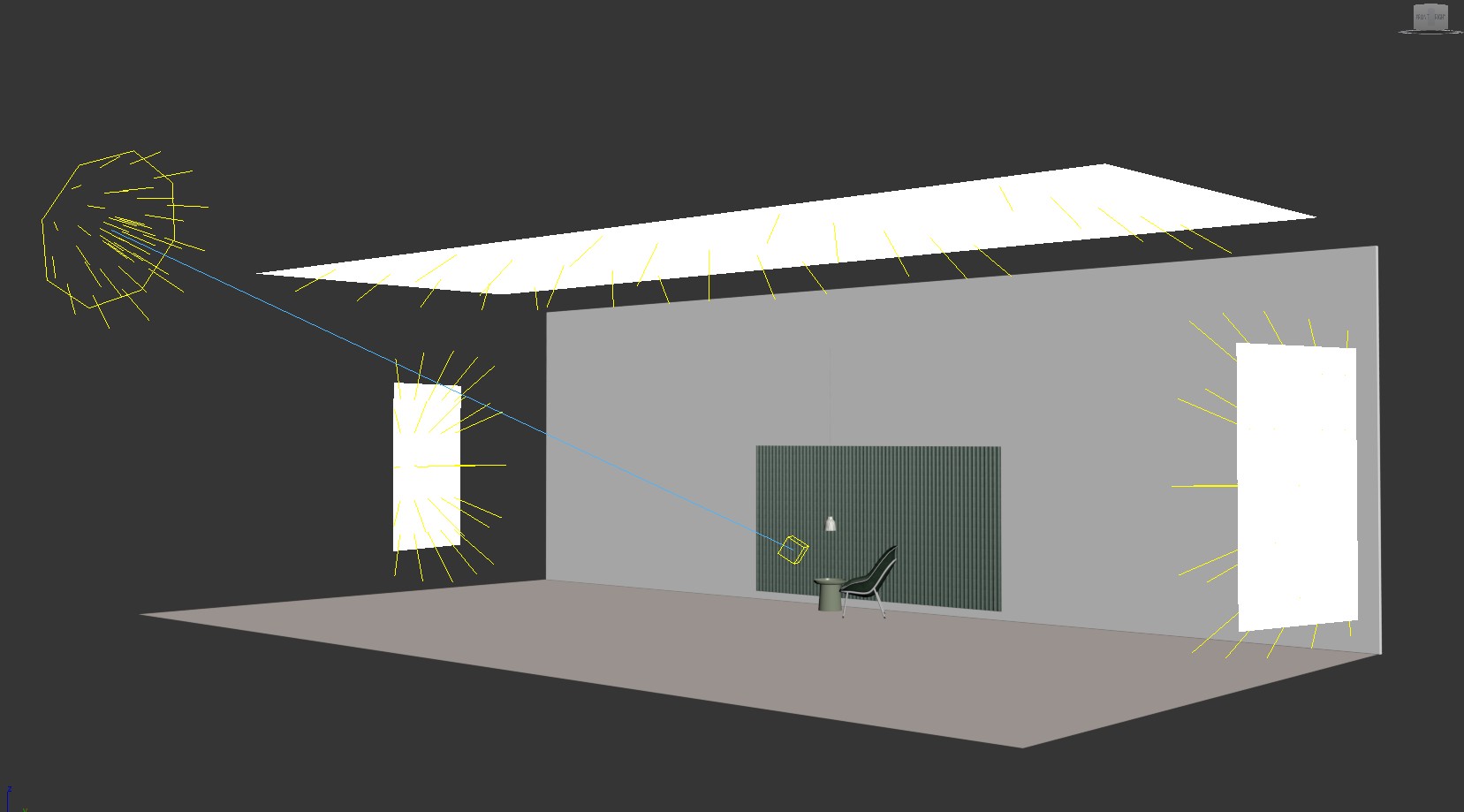a screenshot of a interior 3D setting in 3DS Max with lights setup