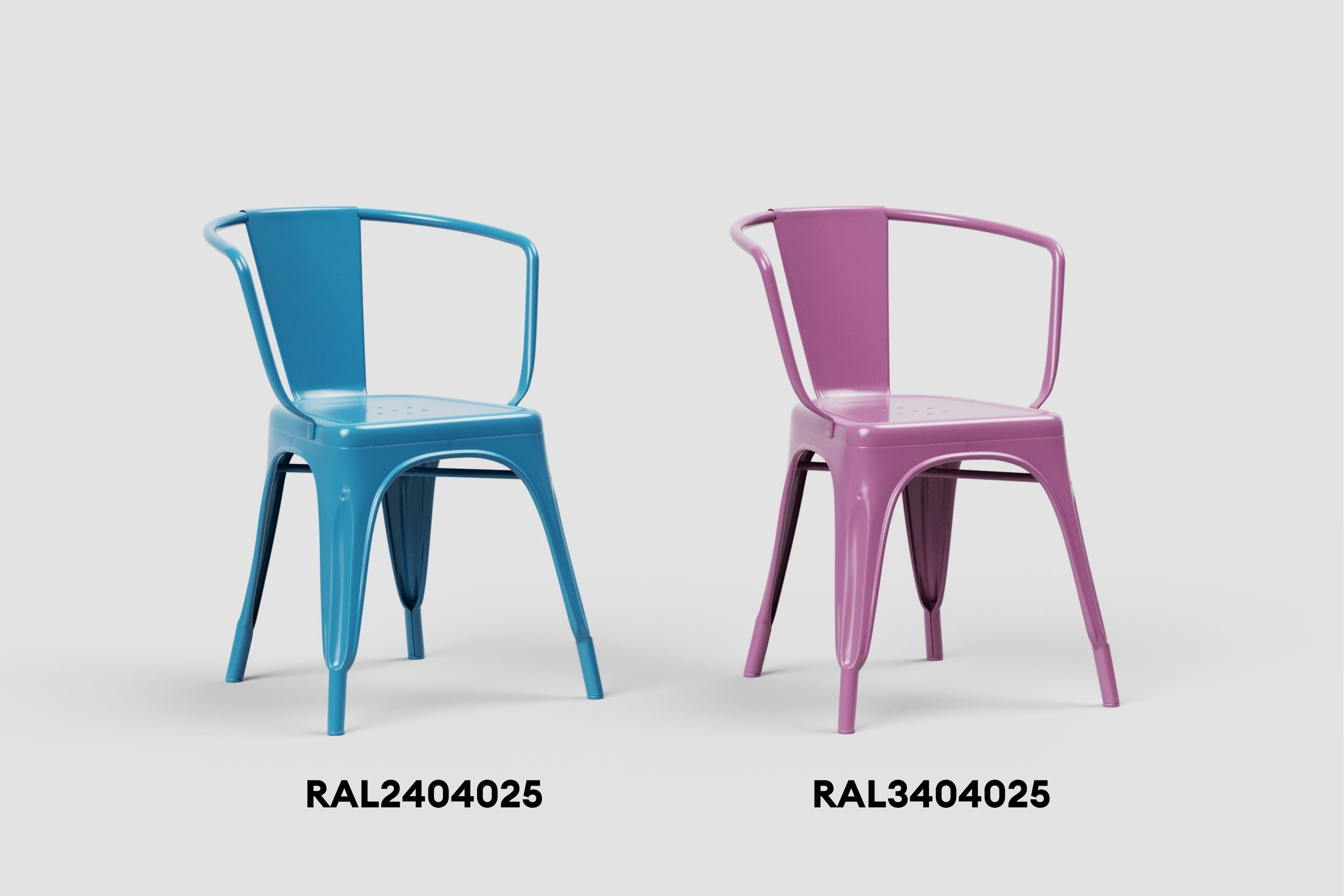 Twee metalen stoelen, een blauw en een paars, elk met unieke kleurcodes eronder.