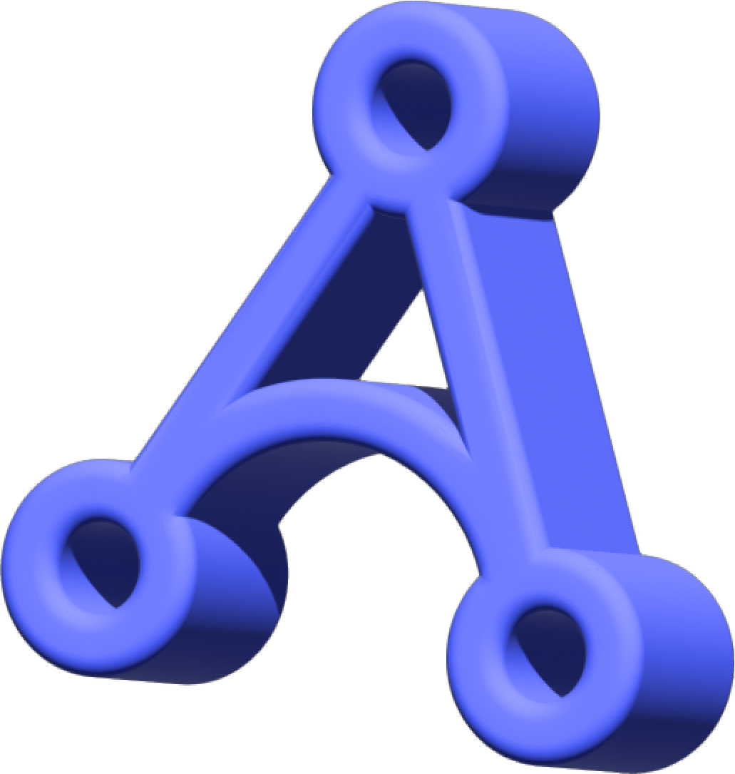 Three-dimensional stylized letter 'A' in vibrant blue, featuring rounded edges and connecting nodes, set against a transparent background