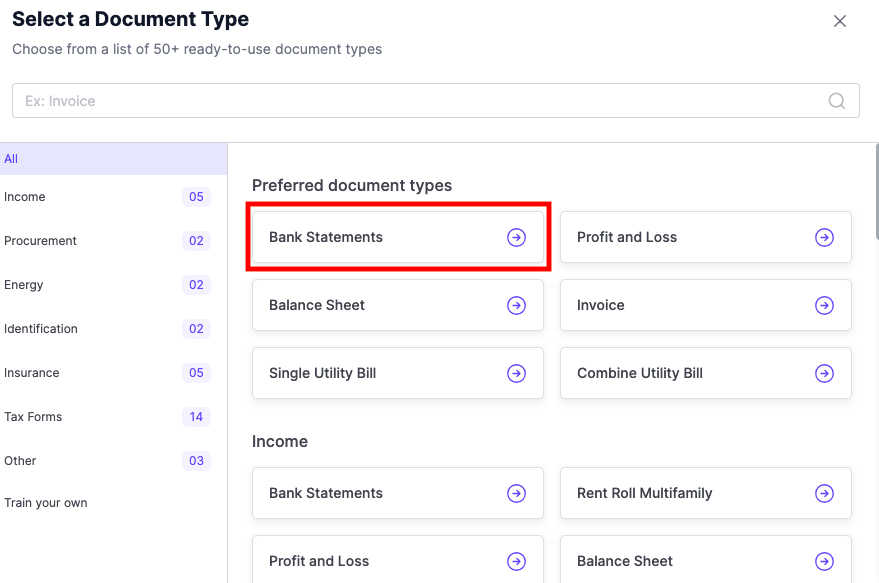 This is where you can select various types of Document Types. In this case, you need to select Bank Statements.