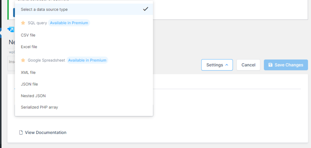 seleção Input data source type