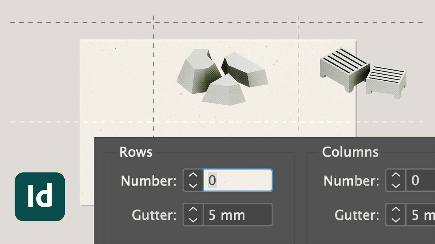 InDesign create guides panel with some images placed inside grid lines on a portfolio page