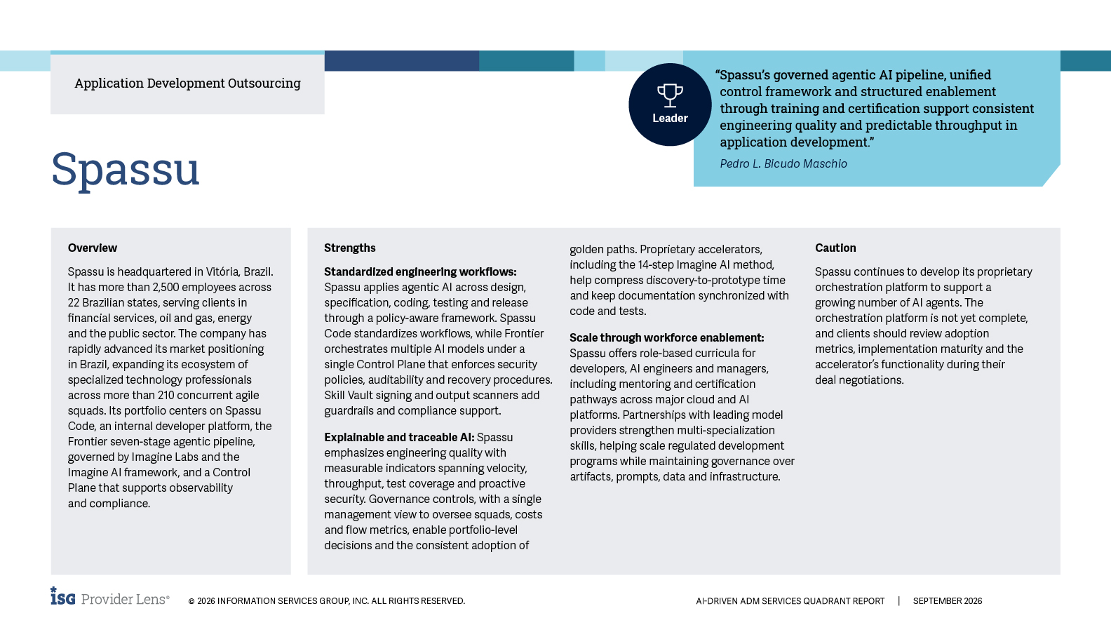 Perfil da Spassu no quadrante Application Development Outsourcing do relatório ISG Provider Lens AI-driven ADM Services 2026, Brasil