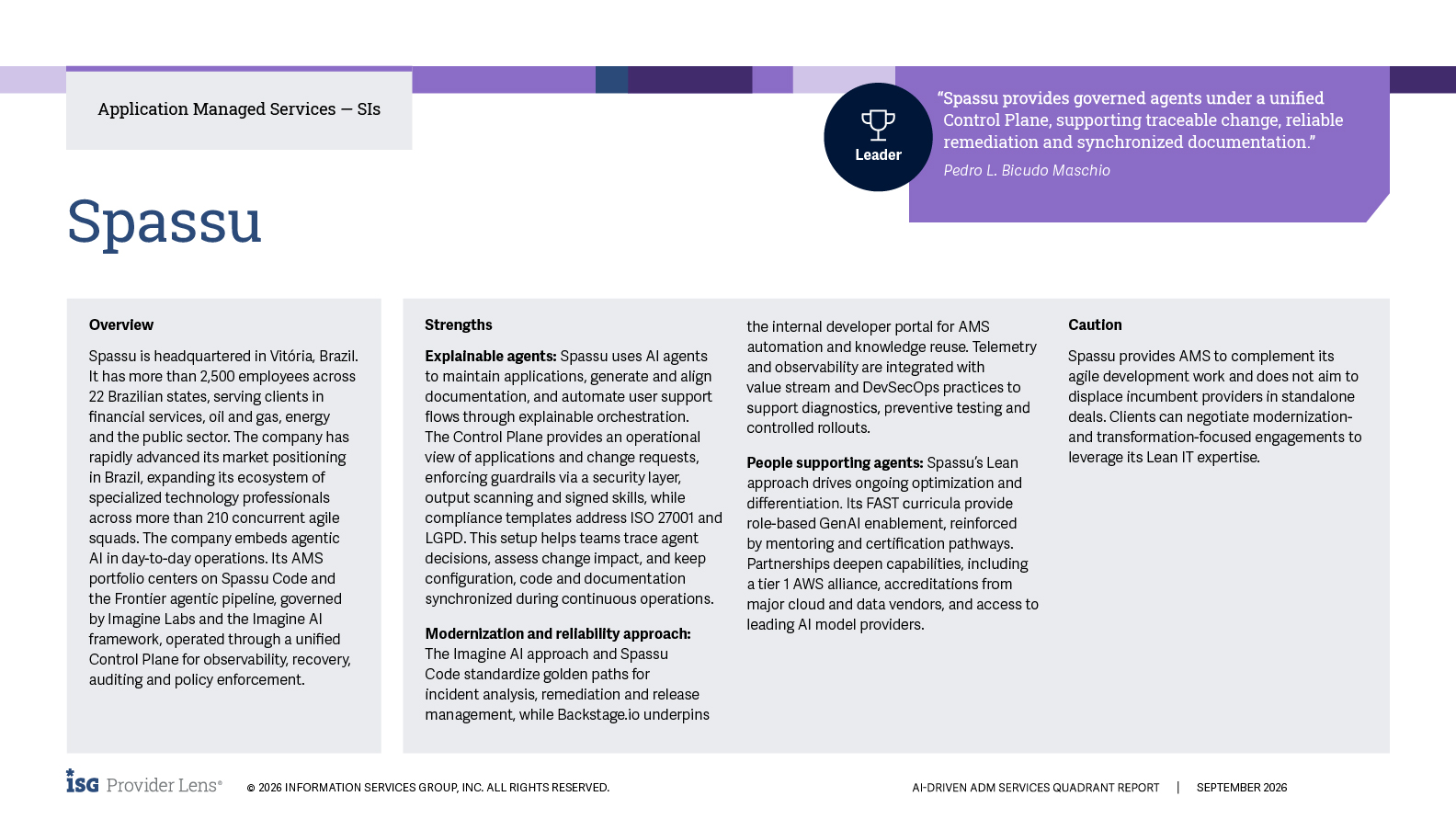 Perfil da Spassu no quadrante Application Managed Services SIs do relatório ISG Provider Lens AI-driven ADM Services 2026, Brasil