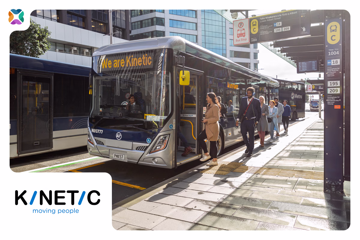 A photograph of a Kinetic bus in Auckland City with a white frame. The Mosaiq logo appears in the top left and the Kinetic logo appears at the bottom left.