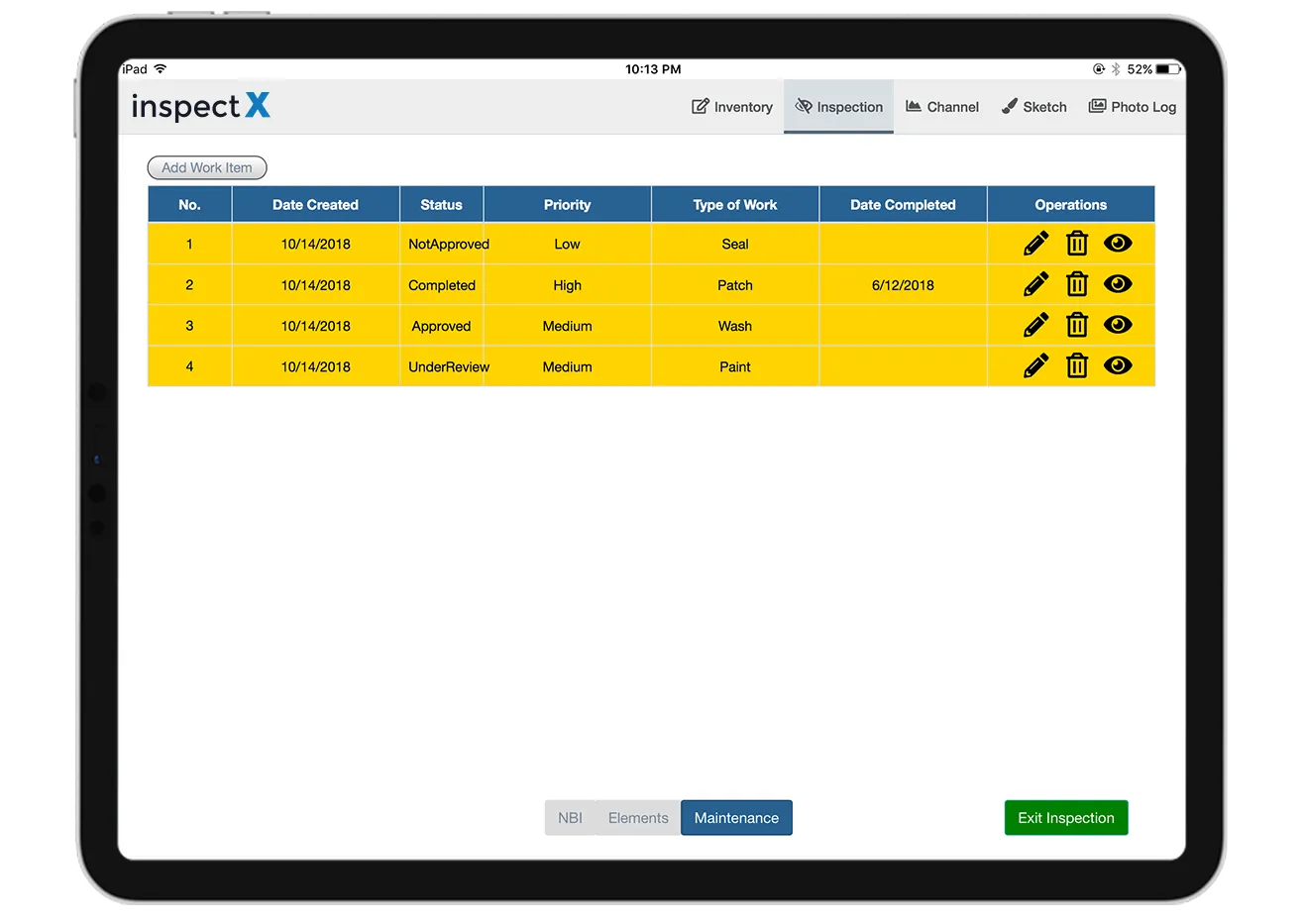 inspectX Maintenance Activities