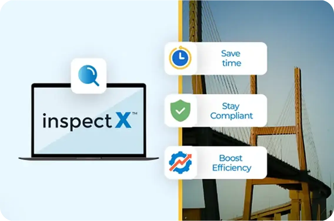 InspectX logo on a laptop screen with benefits listed: Save time, Stay compliant, Boost efficiency, alongside respective icons.