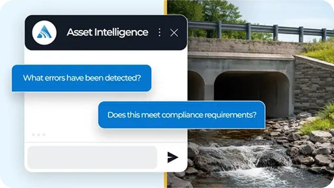 Chat interface from Asset Intelligence displaying messages: 'What errors have been detected?' and 'Does this meet compliance requirements?' overlaid on an image of a stone bridge with a stream flowing underneath.