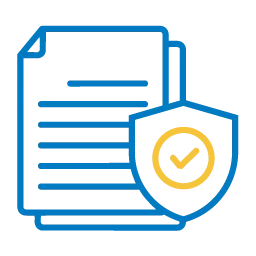 Blue and yellow icon of a document with text lines and a floppy disk symbol representing saving.