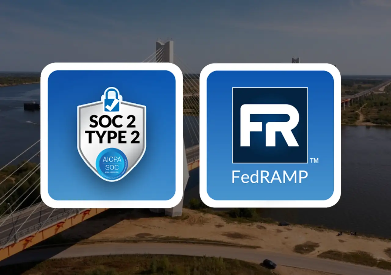 Logos for SOC 2 Type 2 compliance by AICPA and FedRAMP certification side by side on a bridge background.