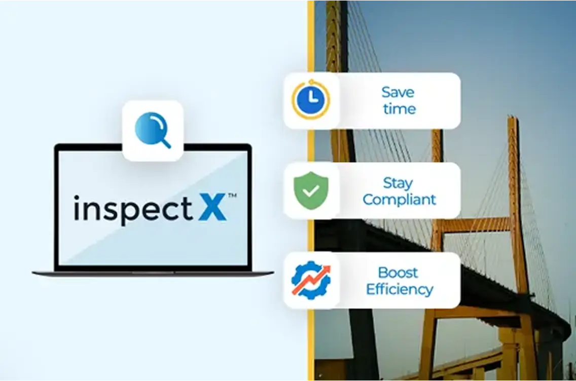 InspectX logo on a laptop screen with benefits listed: Save time, Stay compliant, Boost efficiency, alongside respective icons.