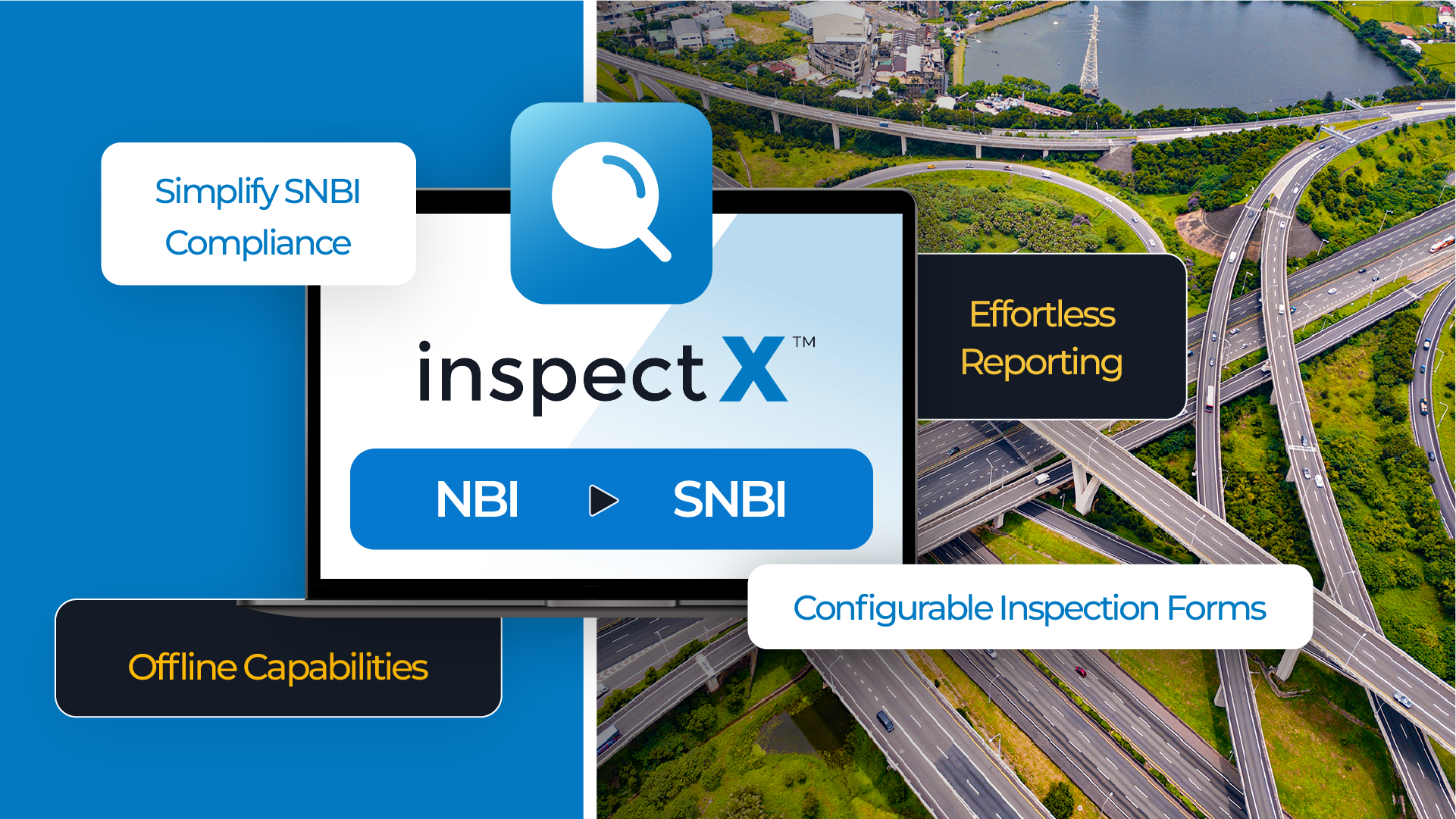 Dashboard showing scheduled inspections, flood monitor alerts with a map of southeastern US highlighting inspection levels from low to high, and condition statistics of bridge assets including counts and deck area condition percentages.