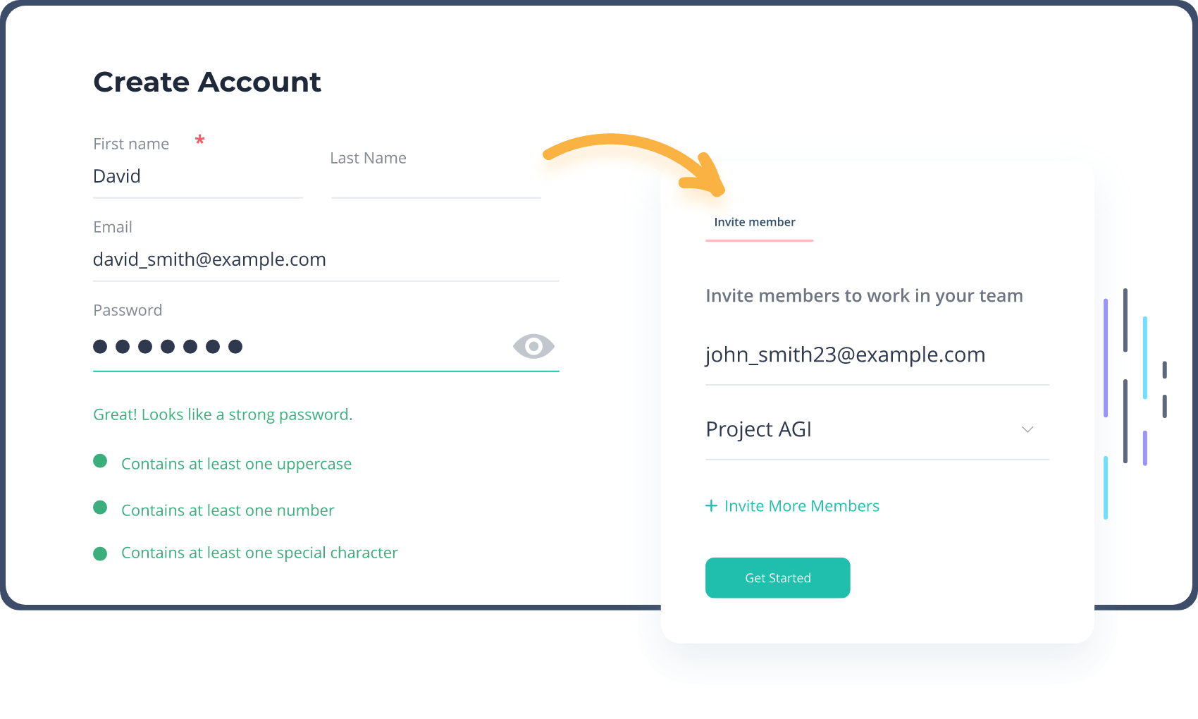 Creating account in Apploye, then inviting members via the time tracker for projects, shown with arrow and popup window