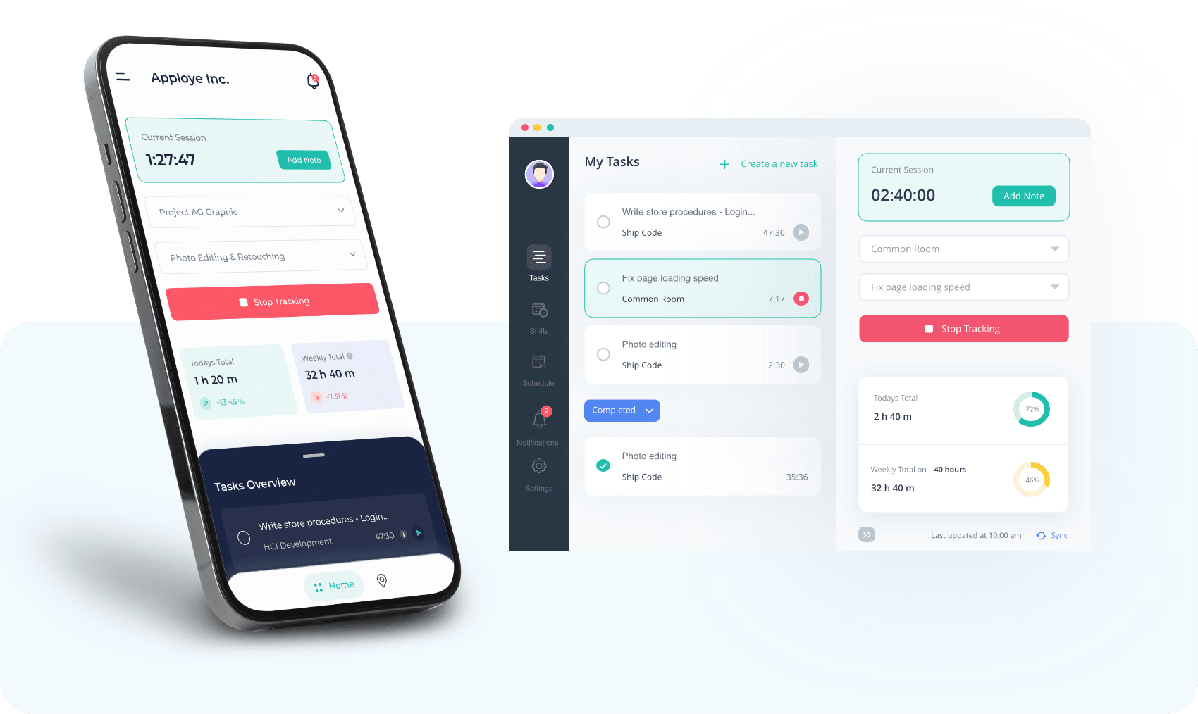 Tracking time with Apploye app, showing both desktop and mobile app