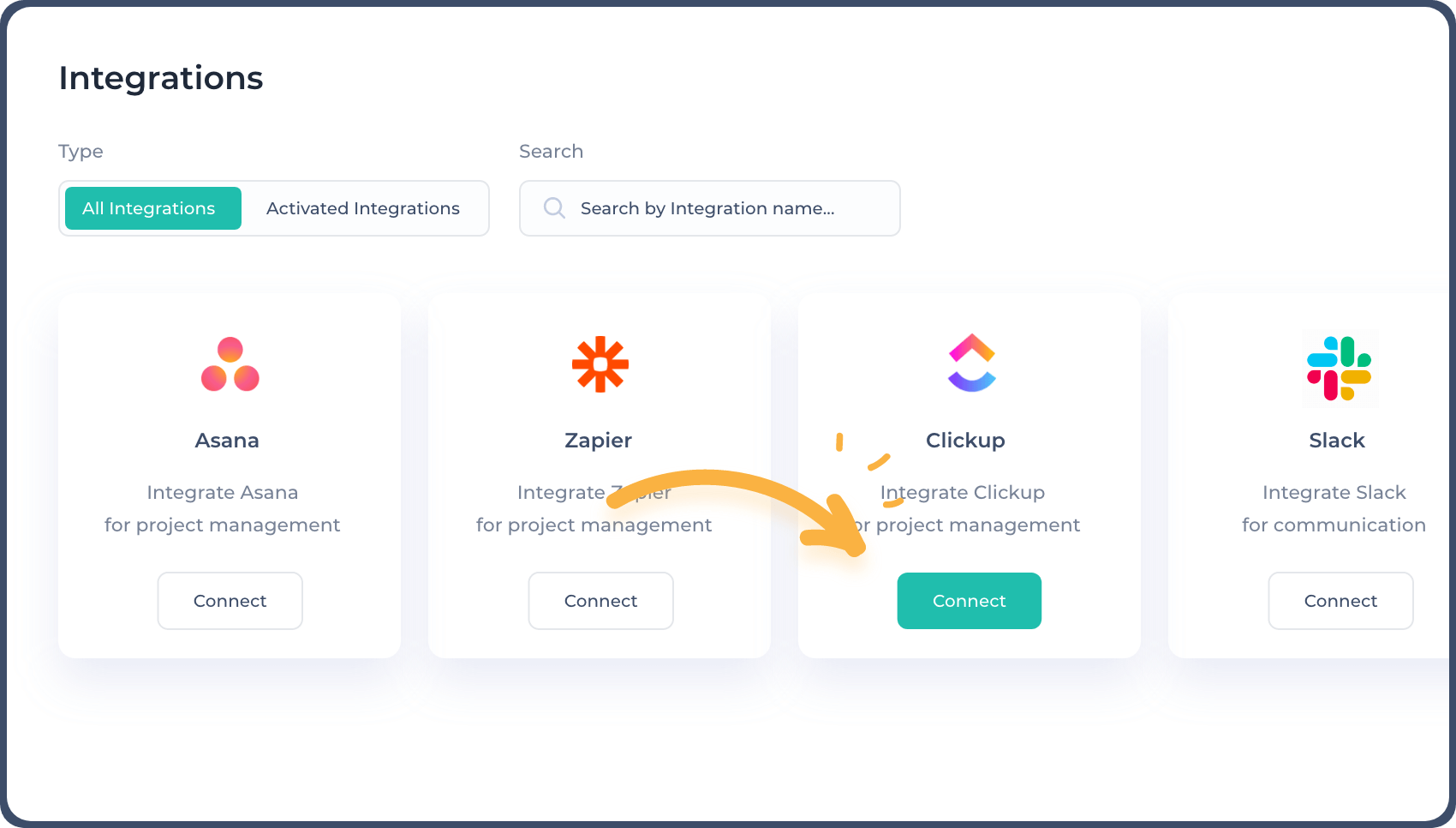  Integration options for Asana, Zapier, ClickUp, and Slack with a 'Connect' button highlighted.