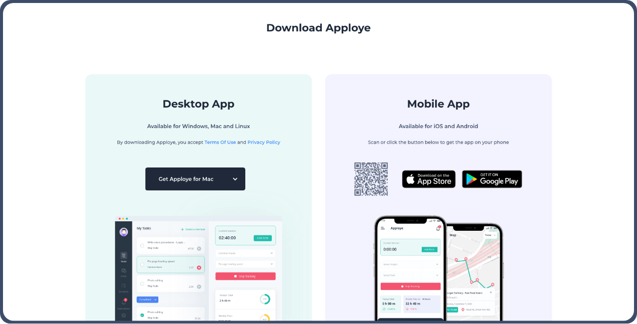 Download page for Apploye employee productivity software’s app version (Windows, Mac, Linux) and mobile app (iOS, Android).