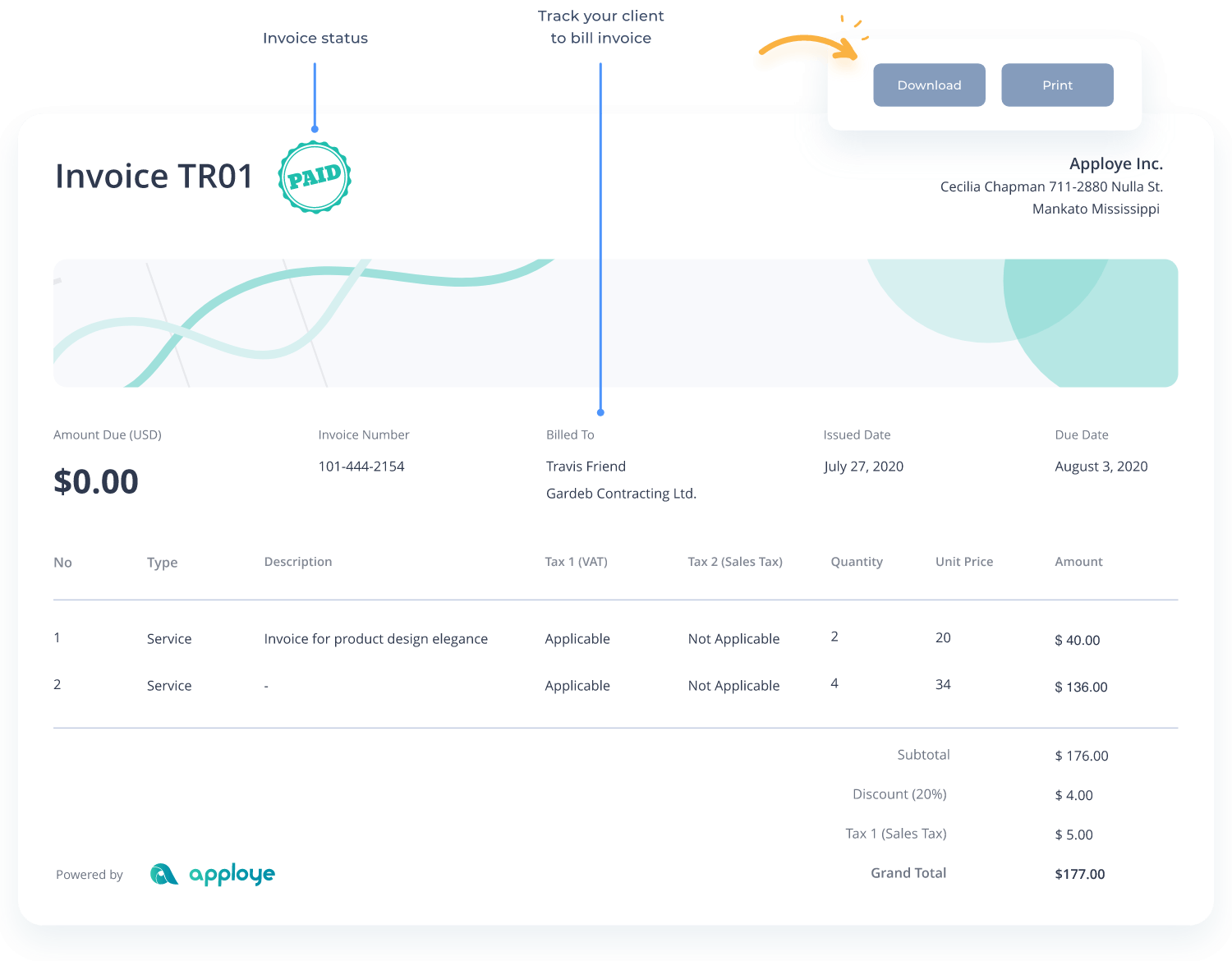 Paid invoice TR01 showing $177 total, billed to Travis Friend, with download and print options.