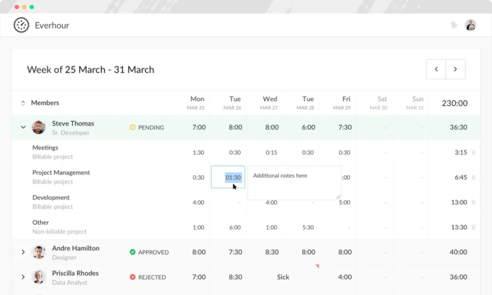 EverHour kanban board for a sample project showing tasks by status with hours logged and team member icons.