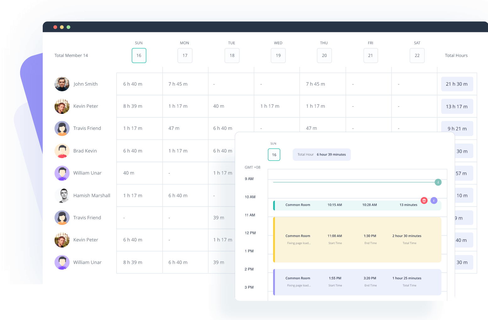 Calendar view showing member work hours by day and detailed daily schedule