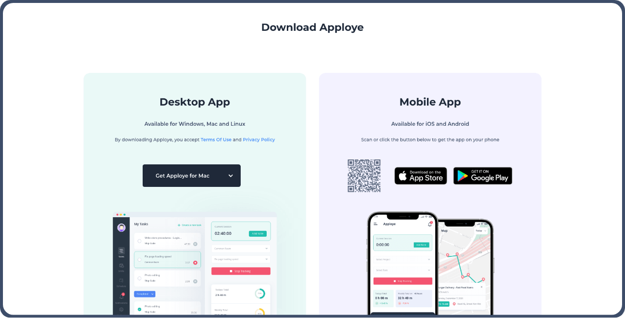 App download page showing desktop and mobile options for Apploye with app store buttons