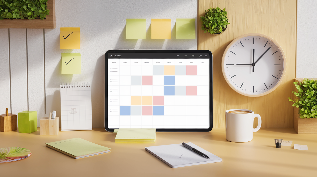 Desk with a tablet displaying a weekly planner, clock, coffee mug, and various office supplies representing an organized employee scheduling system.