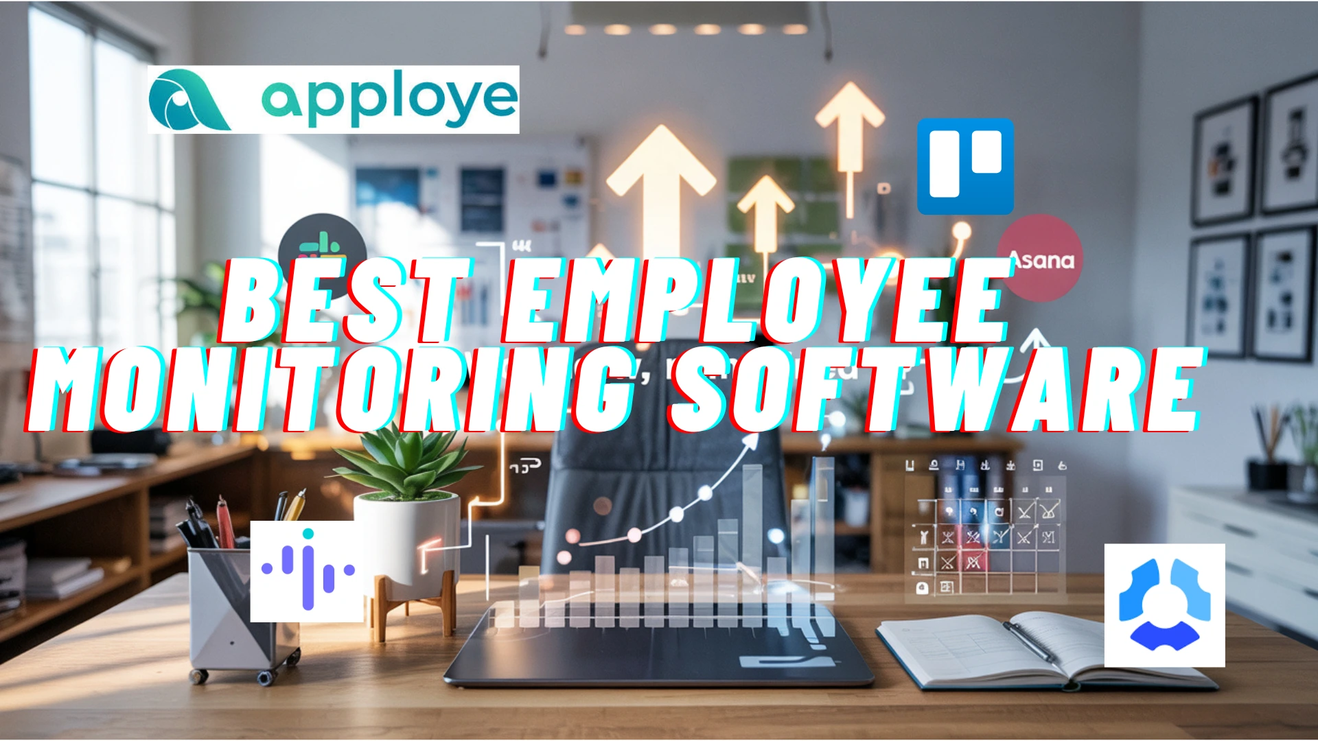  Laptop on desk with ‘Best Employee Monitoring Software’ text and app logos overlaid.