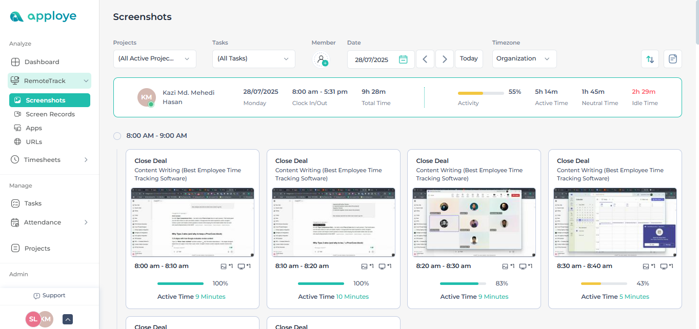 Apploye dashboard showing time tracked, activity levels, and screenshots for a team member on July 28.