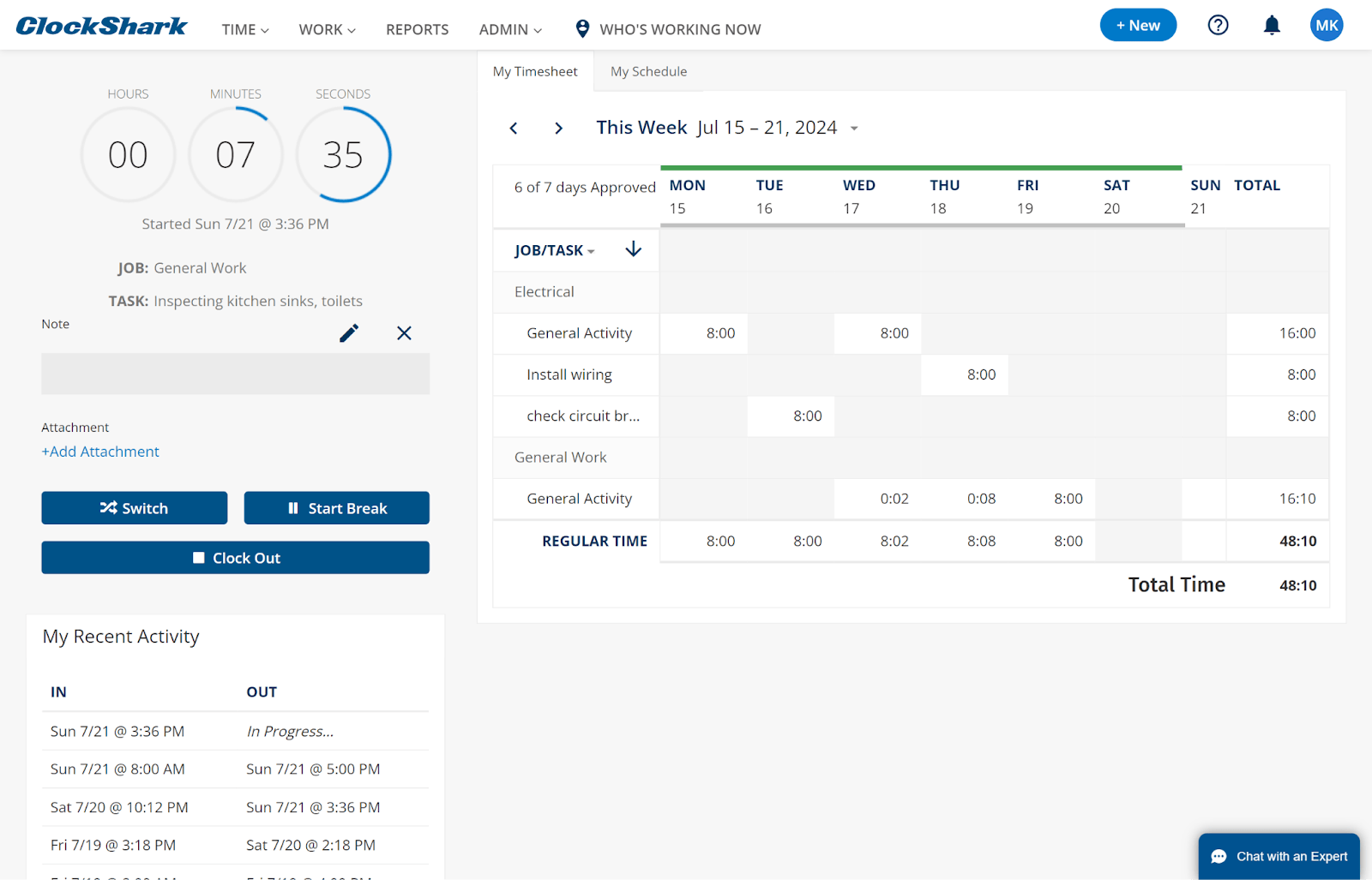 ClockShark timesheet showing weekly logged hours, active timer, and job tasks like General Work.
