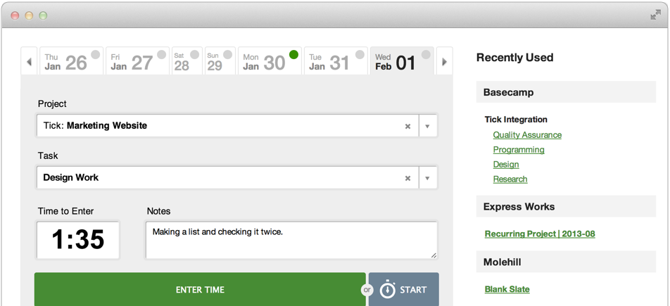 Tick time entry screen showing 1:35 logged for design work on a marketing website with a note added.
