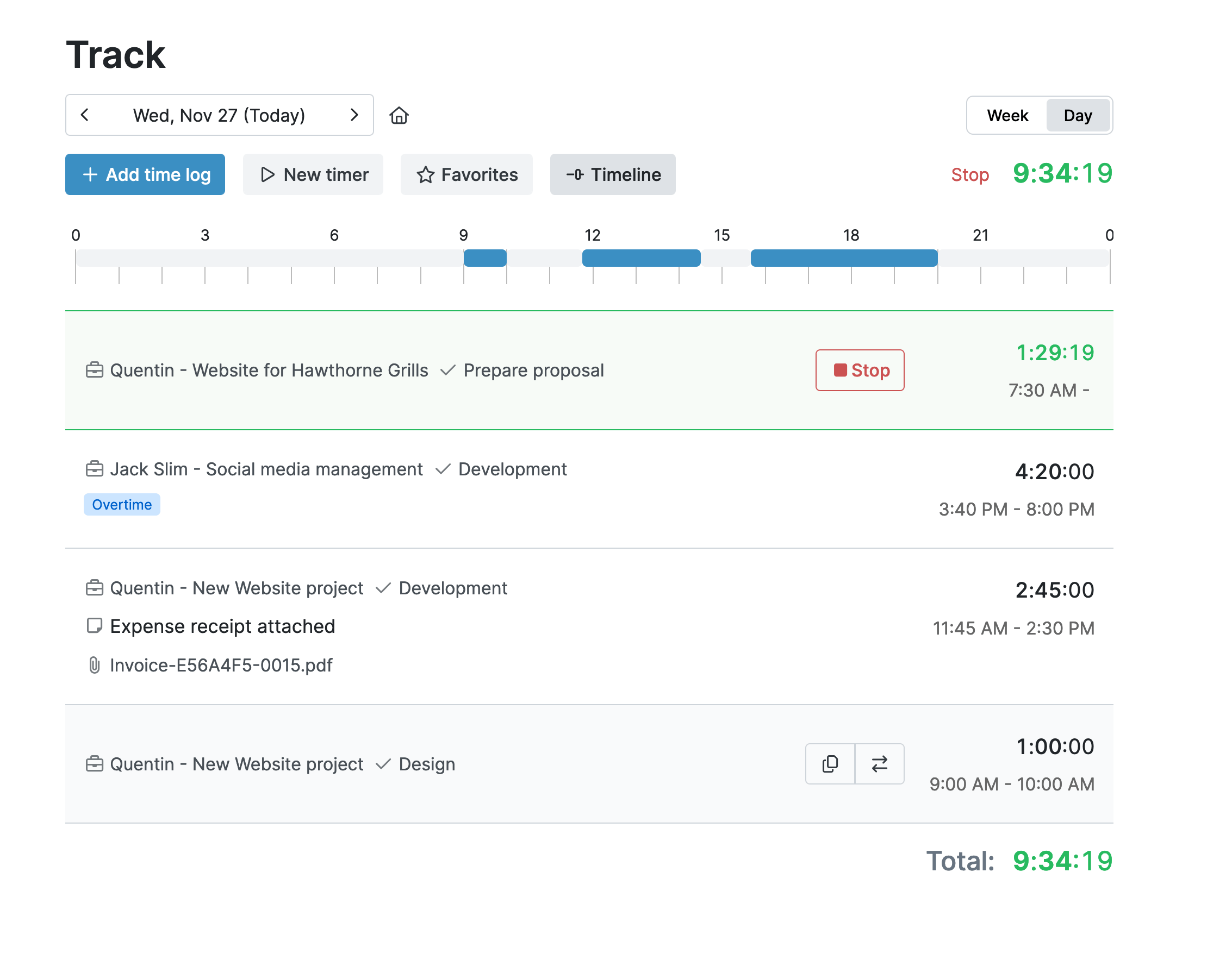 My Hours daily time tracker showing tasks, durations, attachments, and total time logged as 9 hours and 34 minutes.
