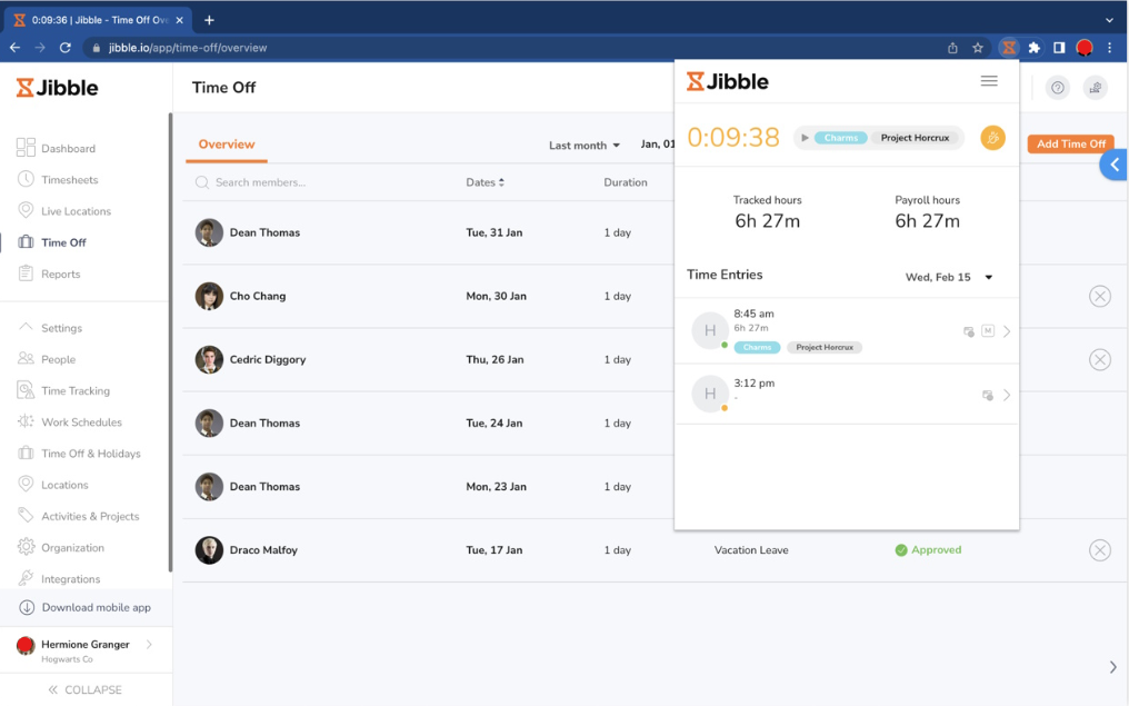 Jibble time off dashboard showing employee leave records and popup with 6h 27m tracked for Feb 15.