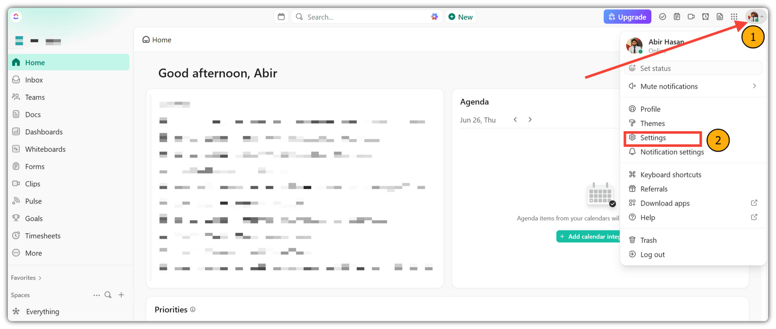Profile icon and ‘Settings’ from the dropdown in the ClickUp dashboard.