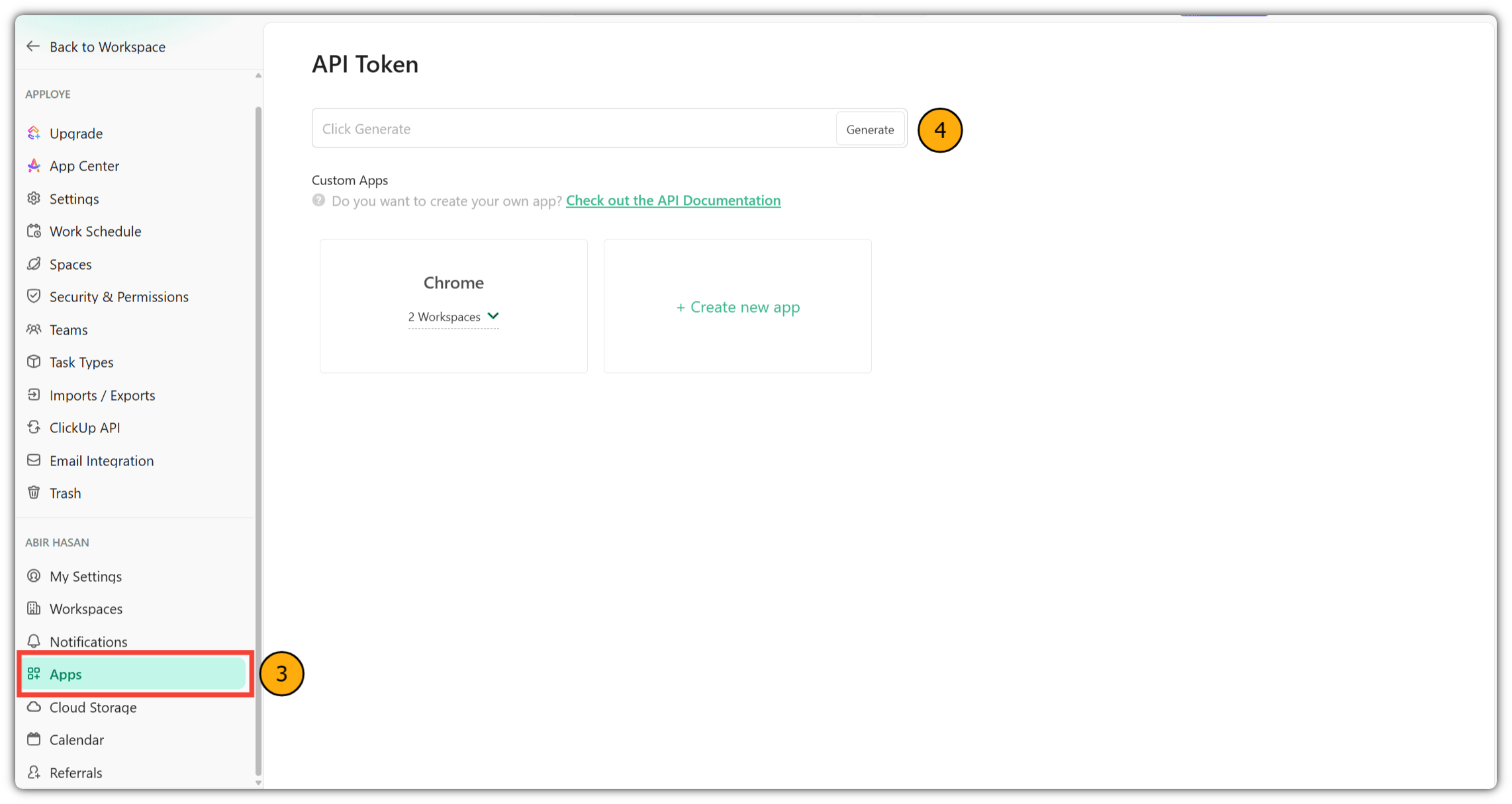 In the Apps menu, the API Token page shows a generate button and custom app options in ClickUp.