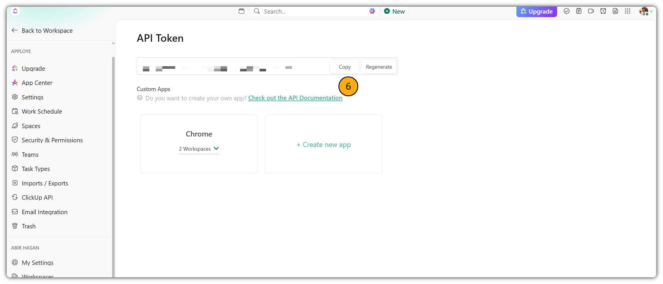 API Token is generated with options to copy, regenerate, and view custom app settings.