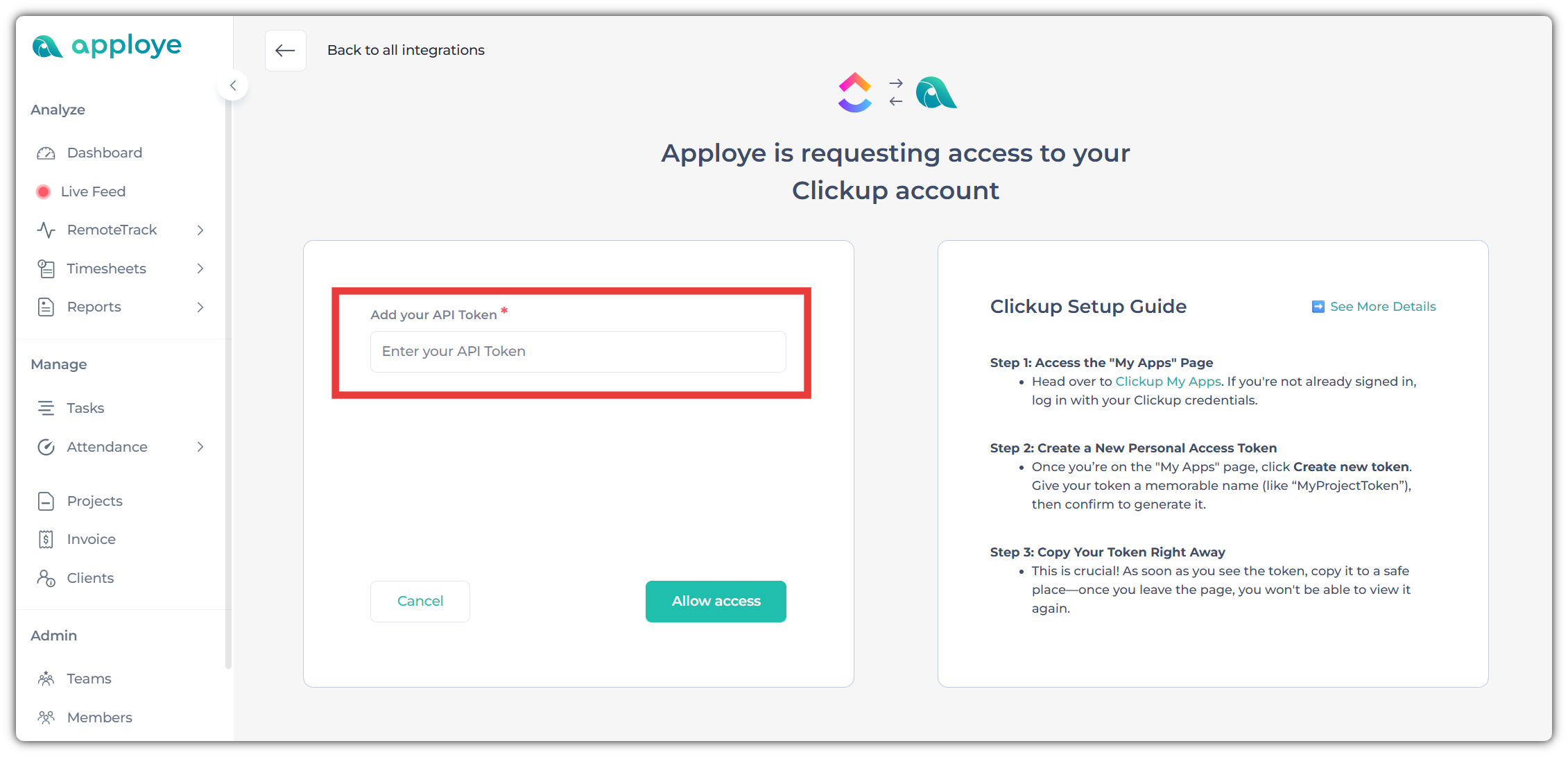 Apploye prompts user to enter API token for ClickUp access with setup guide on the right.