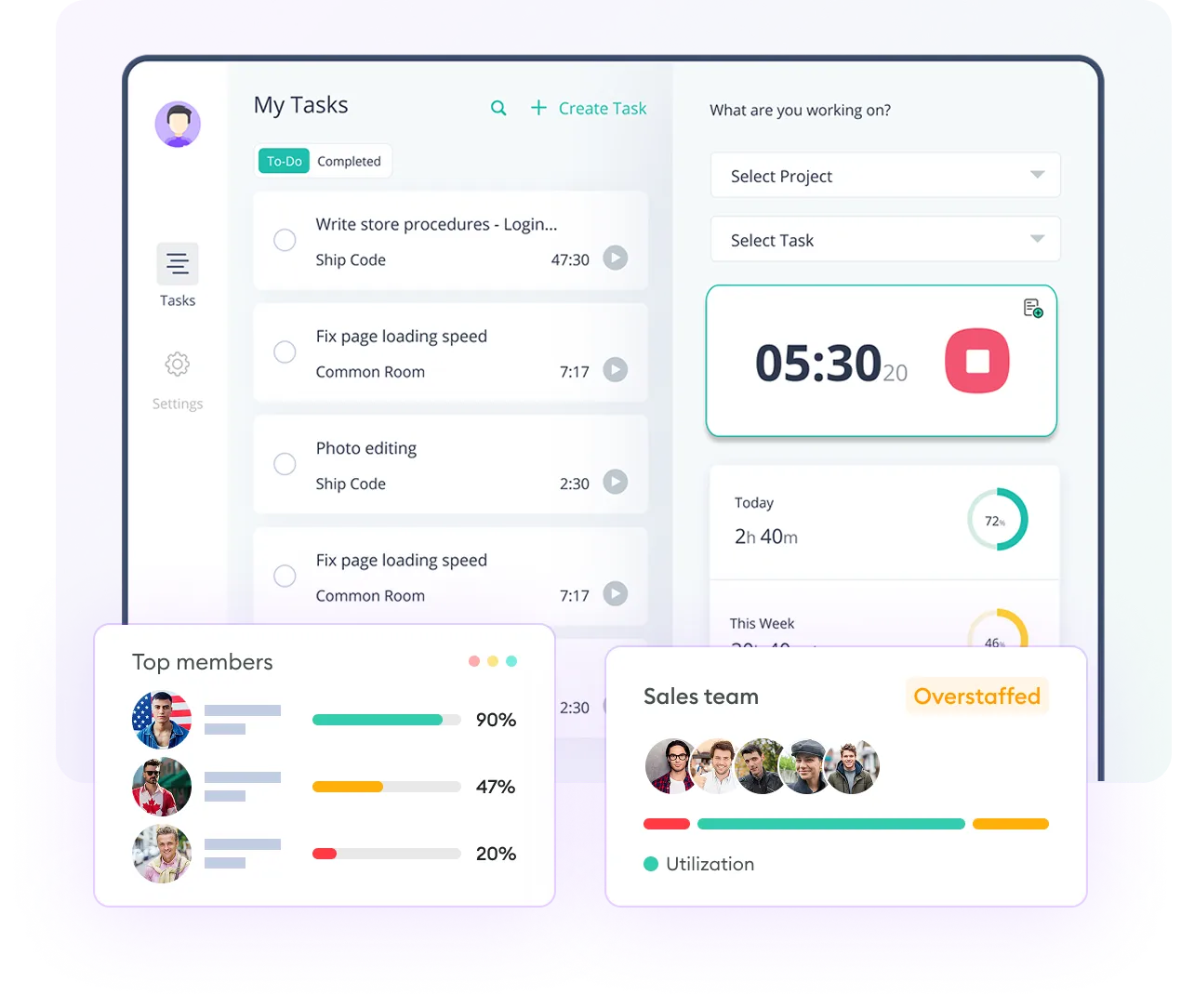 Dashboard shows weekly activity, daily work trends, and team members’ productivity stats.