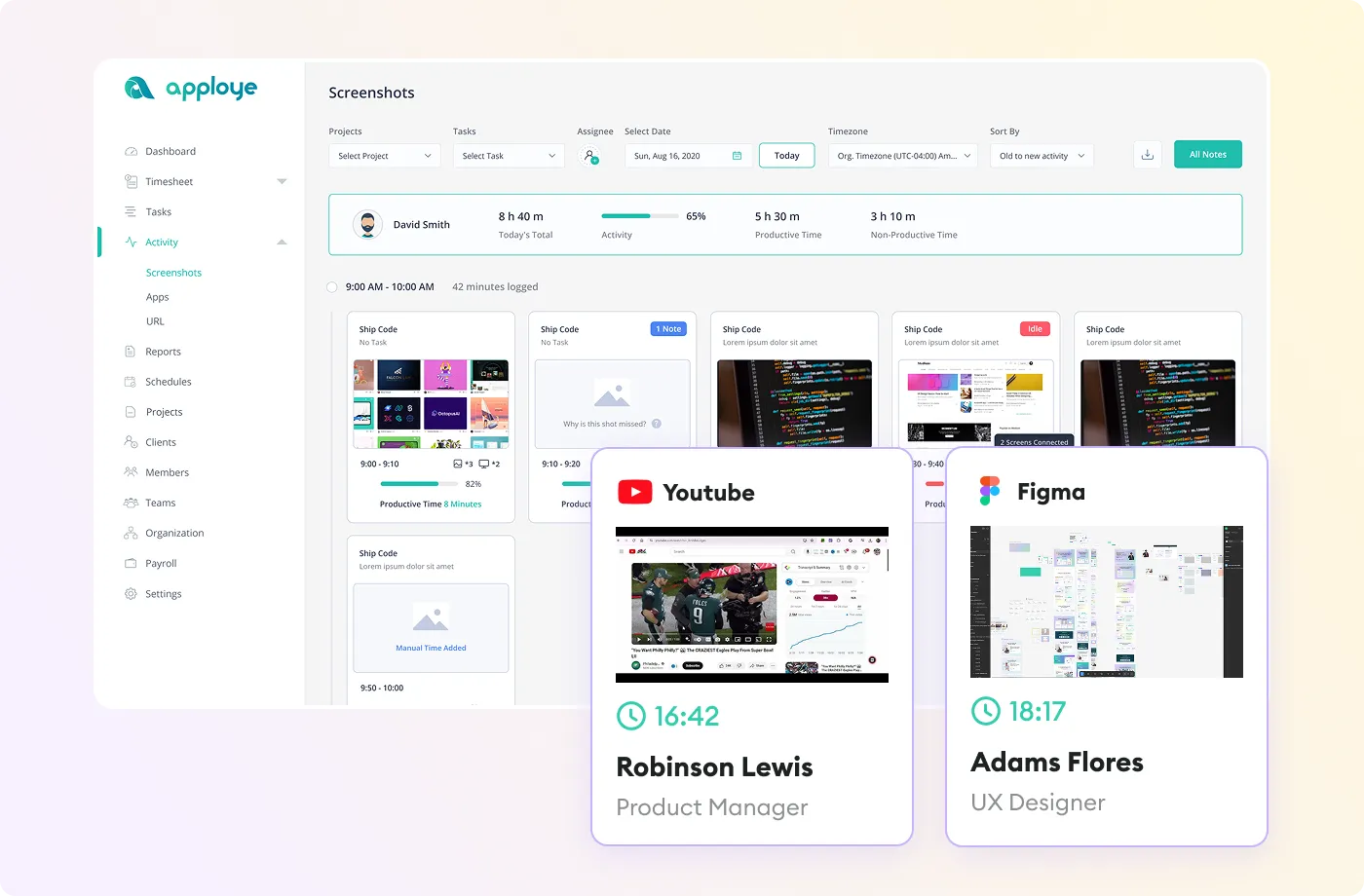 Dashboard showing activity screenshots for users Robinson Lewis on YouTube and Adams Flores on Figma.