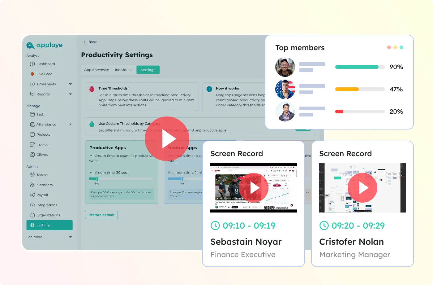 Productivity settings screen with top members chart and two screen recordings with timestamps.