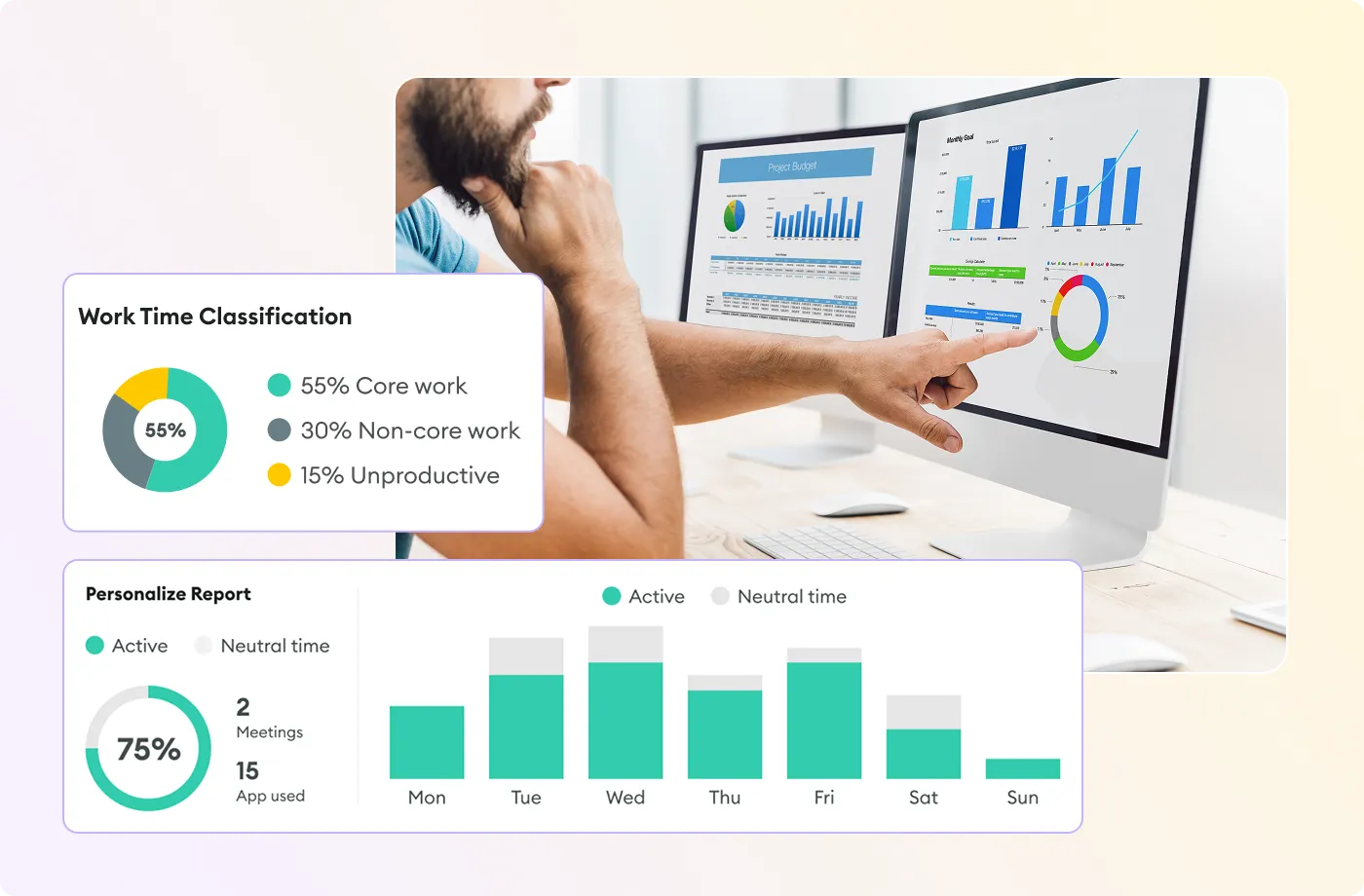Dashboard with charts showing work time classification, personalized report, and activity stats. 