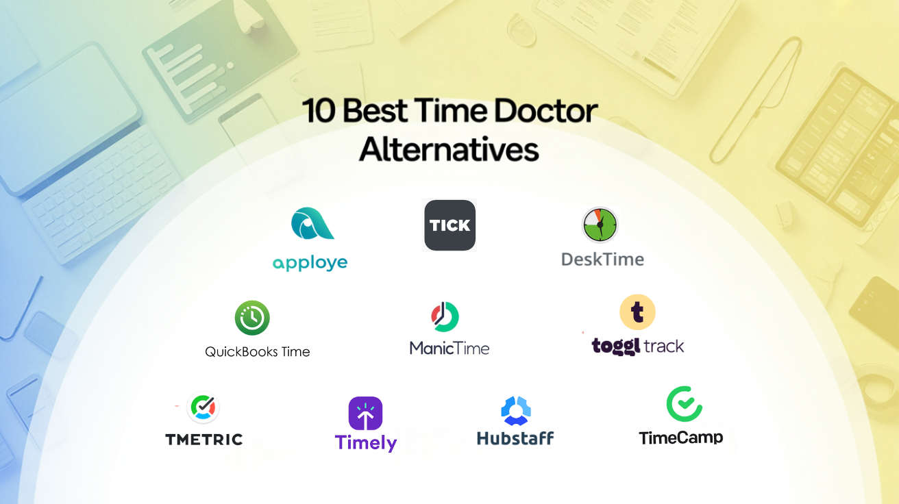 Logos of 10 top Time Doctor alternatives on a bright, modern tech-themed background.