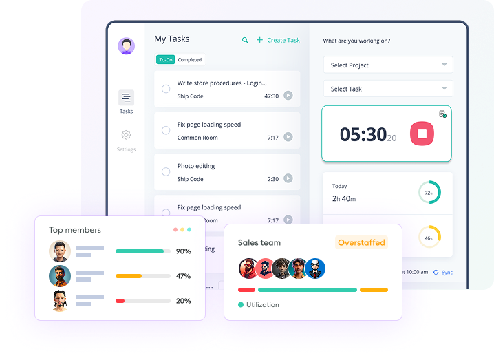 Apploye task management interface with time tracking and team utilization stats