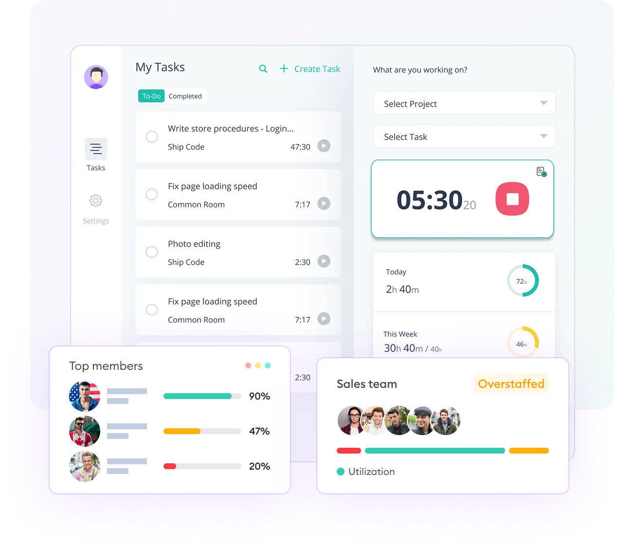 Dashboard shows weekly activity, daily work trends, and team members’ productivity stats.