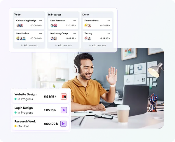 Time tracking interface with manual entry, daily timeline, and current session details.