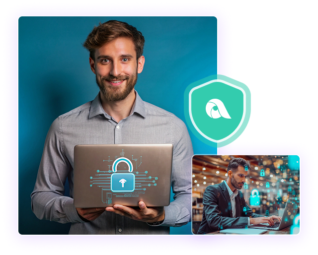 Apploye man holding a laptop with digital lock graphics, symbolizing data security and employee privacy.