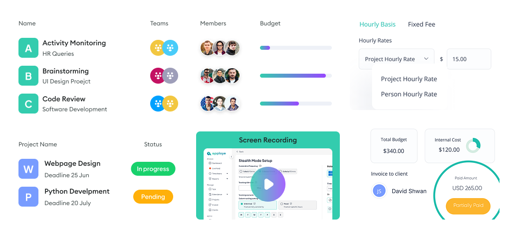Apploye project management dashboard showing tasks, team members, budget details, screen recording, and invoice status.