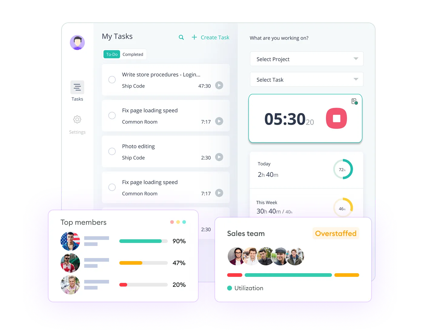 A phone, tablet, and desktop screen displaying a time-tracking dashboard interface.