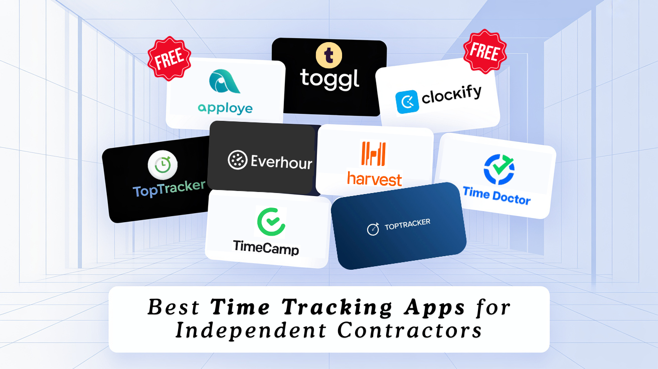 Logos of time-tracking apps for independent contractors: Toggl, Clockify, Apploye, and more.